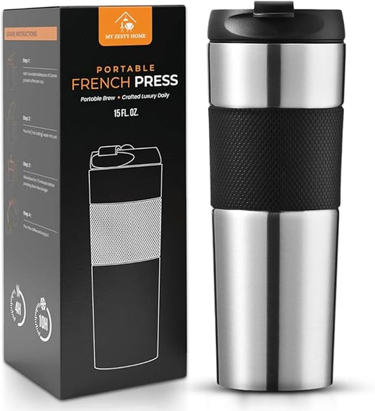 Travel French Press Coffee Maker 15oz Stainless Steel Double-Walled Vacuum Insulated Coffee Mug with Leak-Proof Locking Lid, Keeps Coffee Hot 4 Hrs Portable for Camping, Office, Car, Gifting