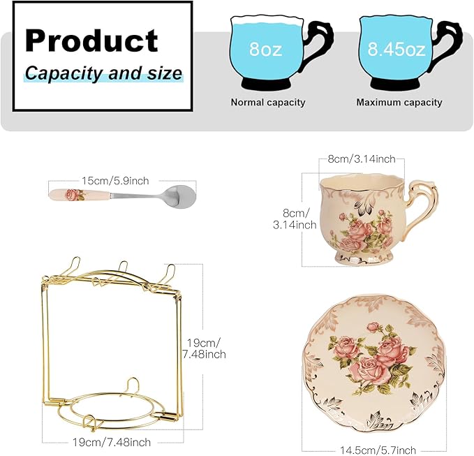 YOLIFE 8 OZ Tea Cups and Saucers Set of 6, Ivory Porcelain Tea Cups Set with Stand, Rose with Gold Leaves Trim Design, Gift for Women (Includes Gift Box, Tote Bag, Greeting Card)