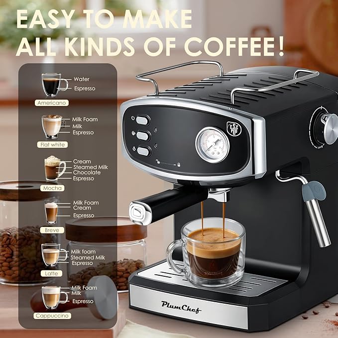 20 Bar Espresso Coffee Maker for Home - Professional Compact Coffee Maker witn Steam Wand Milk Frother, Pressure Gauge, 54oz Tank - Low Noise Fast Brew for Cappuccino, Latte,black