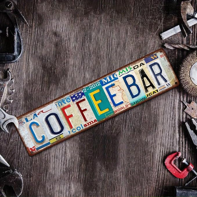 Saraheve COFFEE BAR Sign – Vintage License Plate -16x4 Inch Rustic Coffee Bar Wall Decor for Kitchen, Coffee Station, Cafe, Office Break Room or Home Bar - Image 6