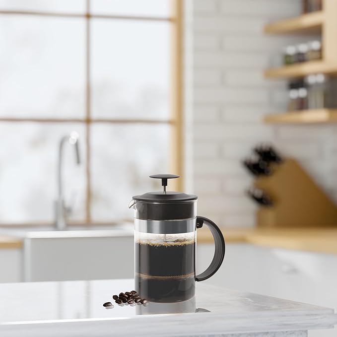 Oggi Triple Mesh Filter French Press Coffee Maker (34 fl oz)- 8 Cup / 1 lt Capacity, Coffee Press, Single Serve Coffee Maker, Stainless Steel Lid & Plunger, Make Great Coffee Gifts, Black