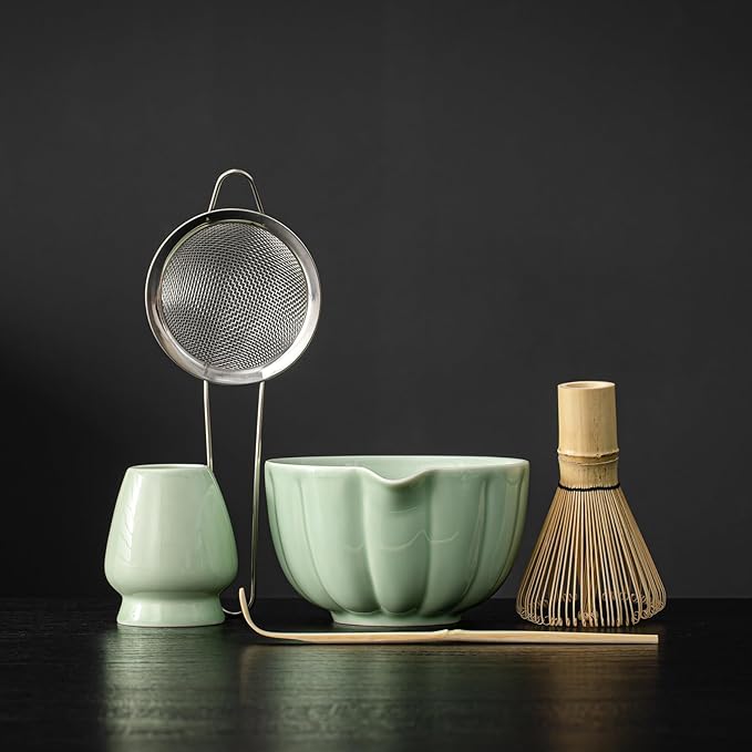 Matcha Whisk Set, Matcha Set Includes Ceramic Matcha Bowl, Bamboo Whisk, Scoop, Chasen Holder, Sifter - 5 Pcs Perfect Matcha Kit for Matcha Lover (Emerald Green)