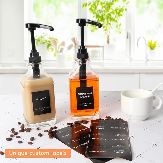 BIGIVACA 4 Pack Coffee Syrup Dispenser 16 oz,Clear Glass Syrup Bottle with 1/4oz Capacity Pump,Syrup Dispenser for Coffee Bar with Plastic Pump - Image 6
