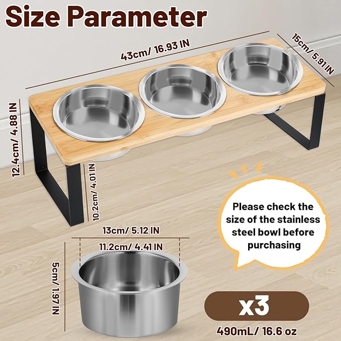 Elevated Cat Bowl, Raised Cat Food Bowls with 10° Tilted Stands, 3 Stainless Steel Bowls for Wet, Dry & Water, Hold by Bamboo Board, Anti Vomiting Cat Feeding Bowls with 4 Non-Slip Pads