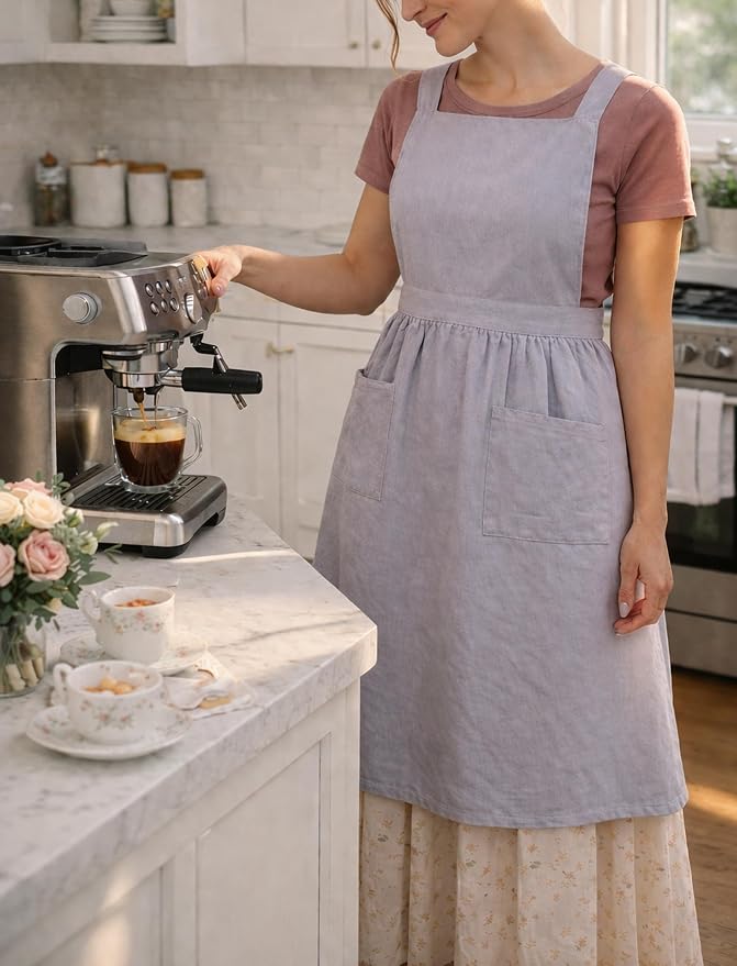 Pinknoke Cute Cotton Pinafore Aprons for Women with Pockets for Kitchen | Vintage Apron Dress,Adjustable Cross Back,2 Pockets,Long Straps,for Cooking Backing Gardening Painting Cleaning Gift Giving - Image 3