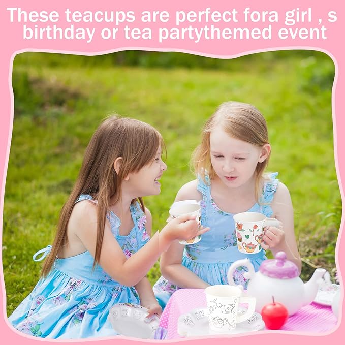 Nuenen 36 Set Color Your Own Tea Party Paper Cups with Handles Disposable Tea Cups and Saucers Plates DIY Coloring Activity Crafts for Kids Birthday Party