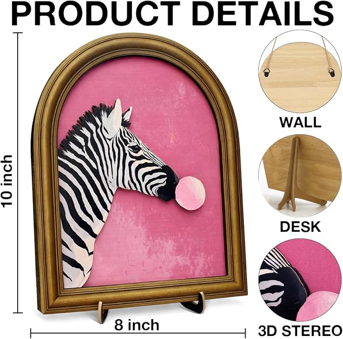 3D Funny Pink Zebra Table Decor Sign, Funky Zebra Bubble Gum Animal Wall Art Sign for Home Bedroom Living Room Desk Wall Shelf Decor 8x10 Inch