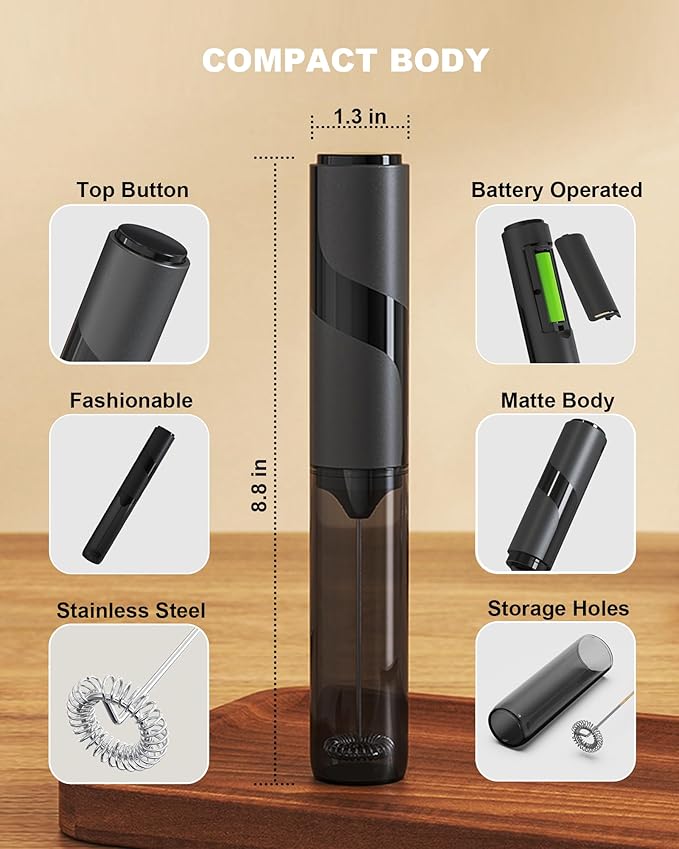 Handheld Milk Frother with Cover, Battery Powered Portable Drink Mixer (2AA Not Included) - Electric Frother Wand for Coffee, Latte, Matcha, Cappuccino & Hot Chocolate