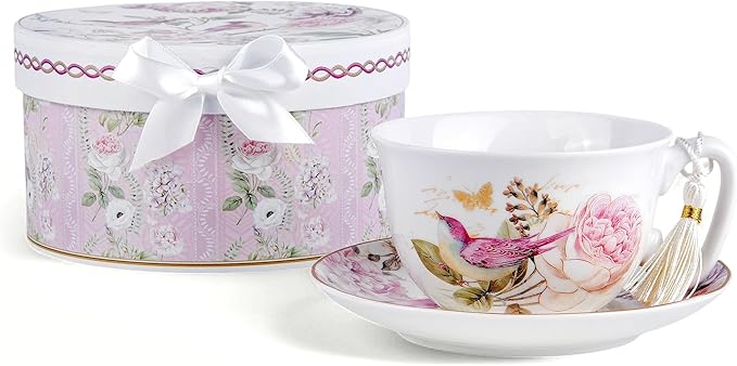 STP GOODS Bone China Tea/Coffee Cup and Saucer in Gift Box Fine Set of One (Birds in Rose Garden)