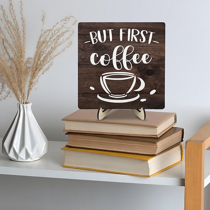 Vintage Coffee Bar Wooden Plaque Desk Sign, Farmhouse Wood Plaque Tabletop Decor for Cafe Bar Kitchen Office,Coffee Station Accessories 5.9x5.9Inch