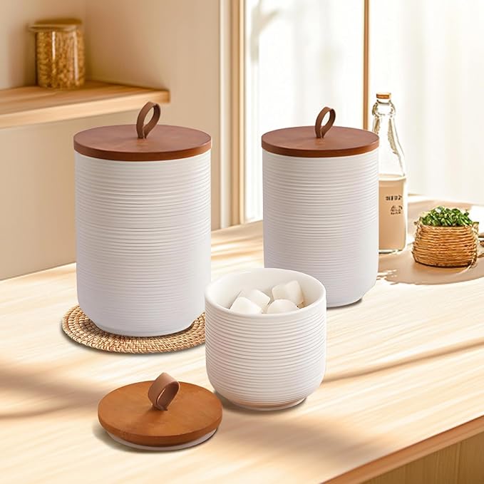 Food Storage Jar Strong Ceramic Storage Canisters with Airtight Wooden Lid,Kitchen Storage Containers for Serving Coffee Beans, Tea, Sugar, Salt, Spices (Little white 9 oz)