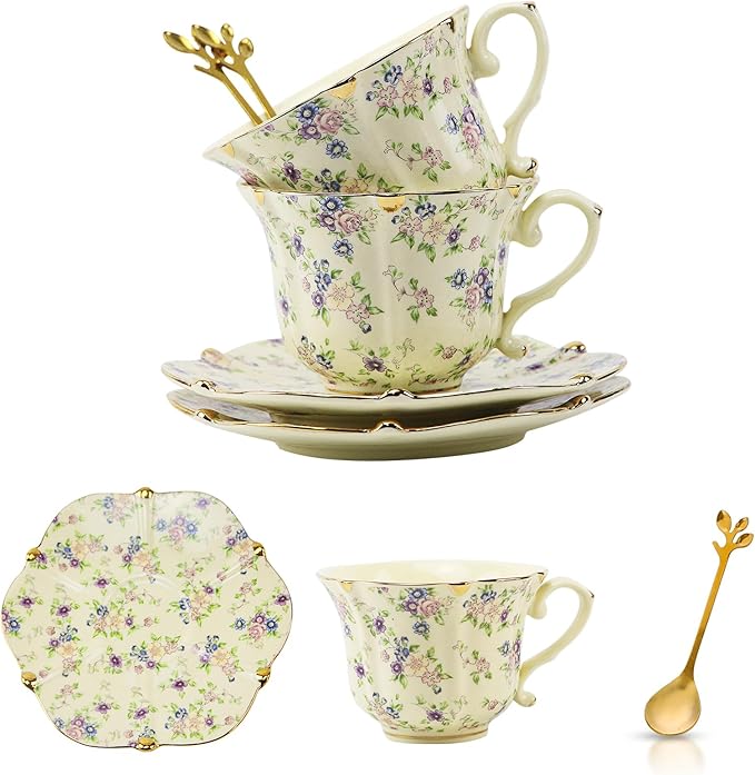Country Roses Porcelain Tea Cup and Saucer Set with Gold Trim, Vintage Style, For Women and Tea Parties (2, Yellow)