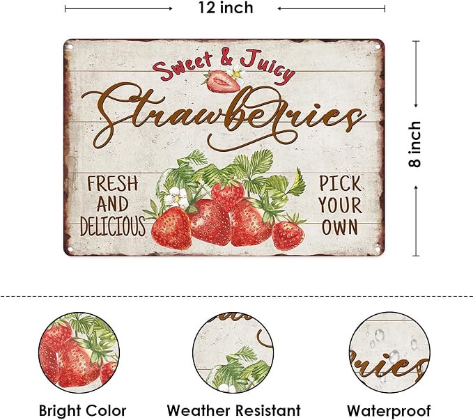 Sanwarm Metal Sign 8X12 Inch, Strawberry Leaves Flower Vintage Tin Sign Wall Art Decor for Home, Living Room, Kitchen, Garden, Bedroom, Office, Hotel, Cafe And Pub Decoration - Image 2