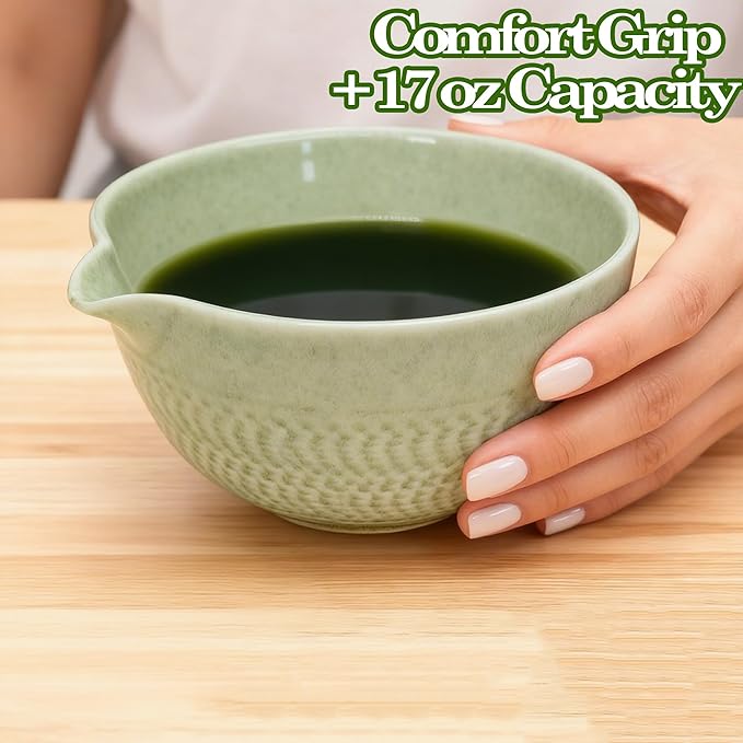 Matcha Bowl with Spout, Traditional Ceramic Matcha Tea Bowl Japanese Ceremonial Chawan for Whisking Mixing & Daily Use, 18oz/500ml Green