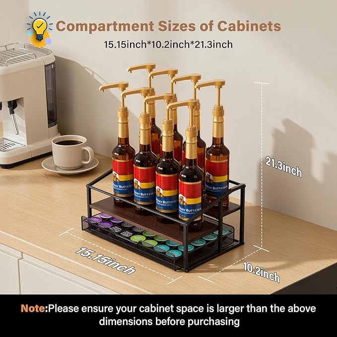 kimilus Coffee Syrup Rack Organizer, 3-Tier 8 Bottle Syrup Rack with 35 K Cup Drawer for Coffee Bar, Countertop Bottle Holder Stand for Dressing for Kitchen Cafe Station