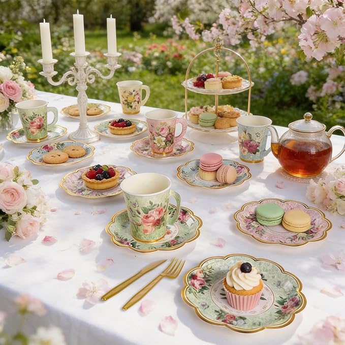 280PCS Spring Tea Party Decorations, Floral Paper Tea Cups & Saucer Set, Disposable Floral Cups With Handle Napkins Plates Knives Forks for Girls Kids Afternoon Tea Birthday, Wedding Party Supplies