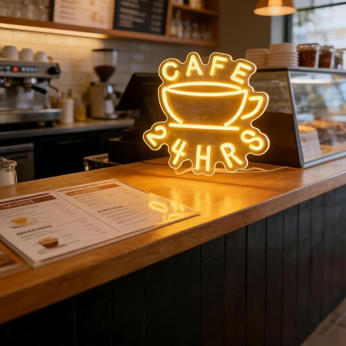 Cafe 24 HRS Neon Sign, Coffee Cup Accent USB Powered Decorative Neon Light for 24 Hour Cafe Shop Restaurant Home Wall Table Food Service Theme Decor 16.1 x 15 In - Image 5