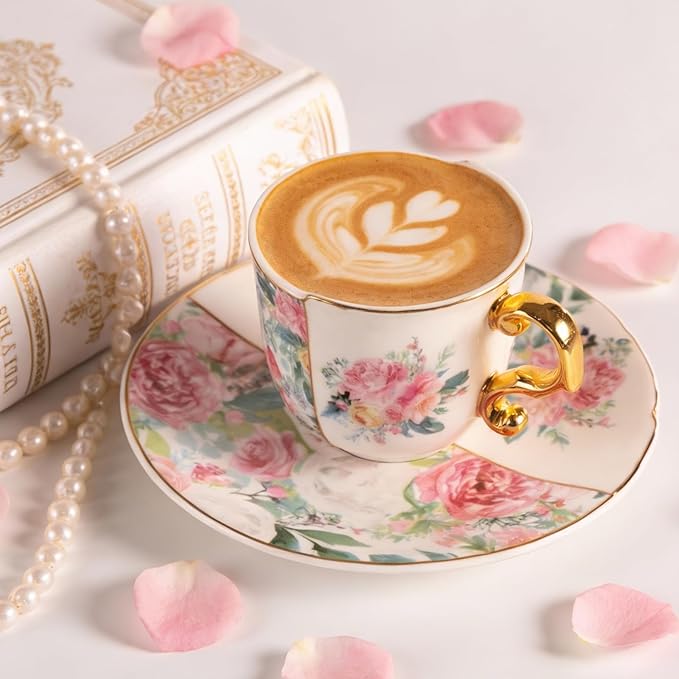 KAMMAK Tea Cups and Saucers Set of 2, Porcelain Coffee Cups, 4-Ounce Stackable Espresso Mugs, Ceramic Demitasse for Coffee, Latte, Americano, Tea, Western Peony