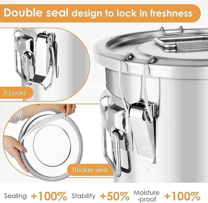 Stainless Steel Containers with Lids,20 lbs Large Capacity Food Storage Containers for Rice Flour Sugar Grain Coffee Bean,Airtight Canister for Kitchen & Pantry Organization