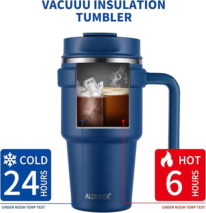ALOUFEA 20 oz Insulated Coffee Mug Tumbler with Handle, Stainless Steel Travel Mug Tumbler with Lid and Straw,Double Wall Vacuum Leak Proof Ice Coffee Thermal Cup, Navy and Army Green