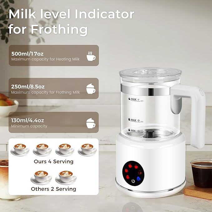 Electric Milk Frother, 6 in 1 Milk Steamer,17oz Automatic Warm and Cold Foam Maker for Coffee,Latte, Cappuccino, Macchiato, Hot Chocolate (White)