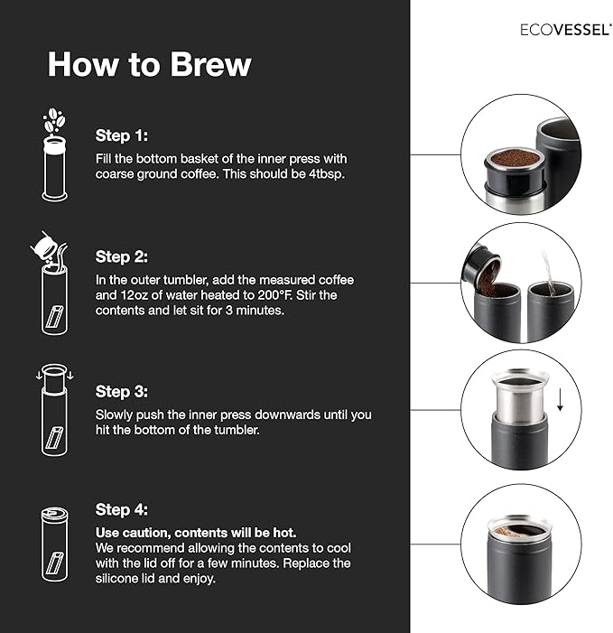 EcoVessel Travel French Press, Portable Coffee Maker, Stainless Steel Insulated Coffee Press, Reusable Single Serve Bottle for On-The-Go Use, 14oz (Black)