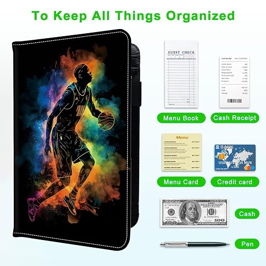 Server Books for Waitress, with 7 Large Pockets, Waiter Serving Book, Waitstaff Server Order Pads, Cute PU Leather Server Book with Pen Holder Fit Server Apron, Basketball Player - Image 5