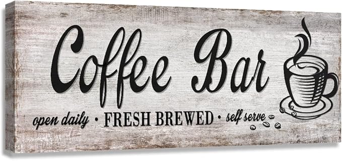 Rustic Wood Grain Coffee Station Decor - Retro Coffee Bar Signs for Kitchen - Self Serve Fresh Brewed Open Daily, Large