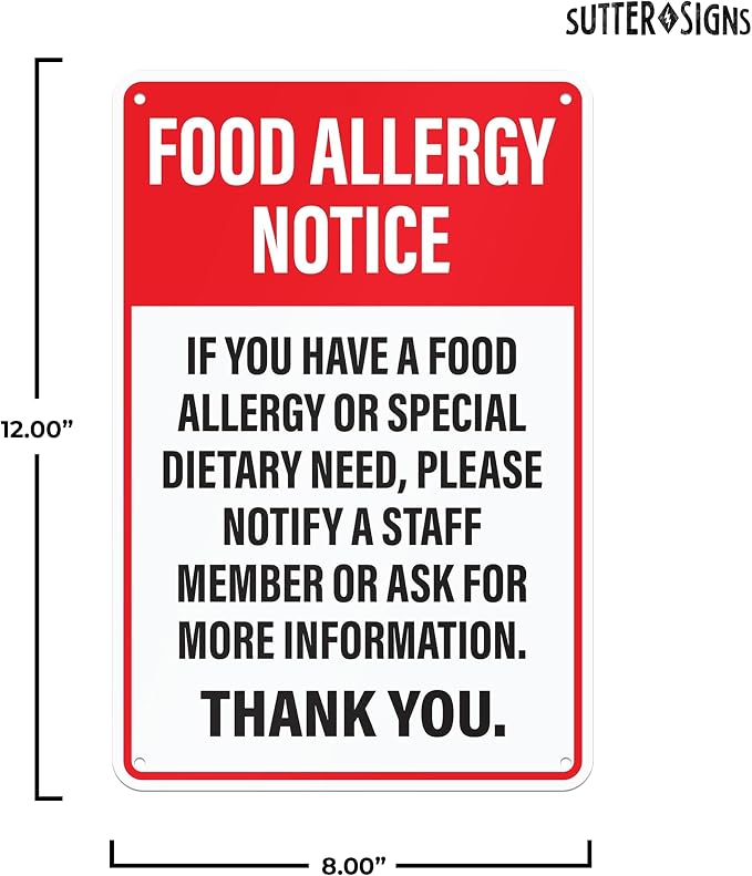 Food Allergy Notice Sign for Restaurants, Food Trucks, Cafes, Aluminum Safety Notice Sign, 12" x 8" - Image 2