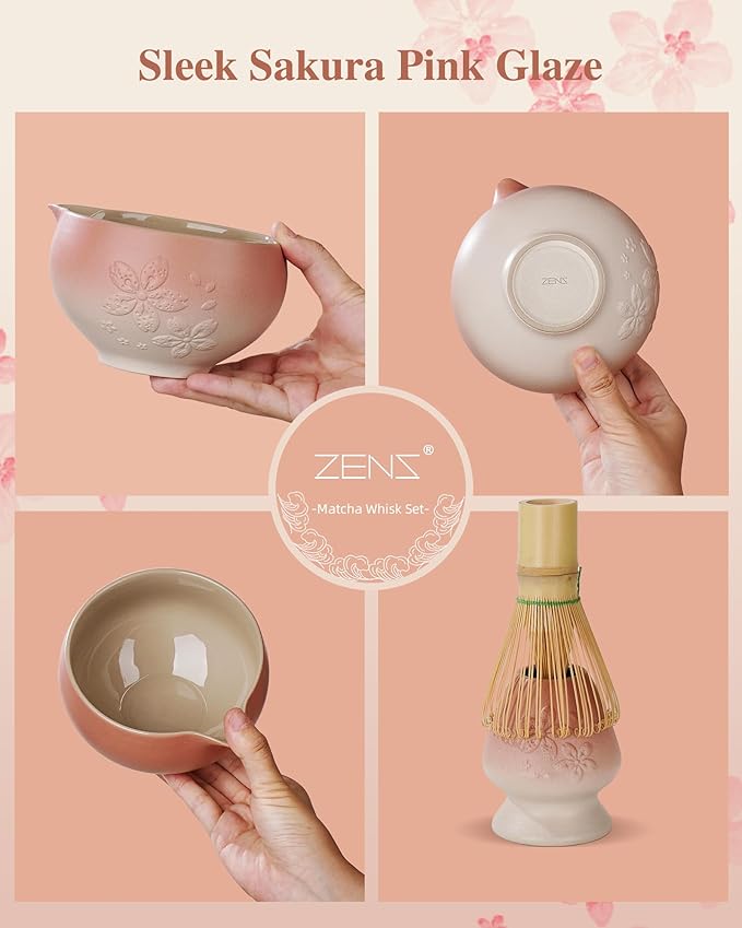 ZENS Matcha Whisk Set, 6pcs Matcha Kit Set with Matcha Bowl, Bamboo Whisk & Scoop, Chasen Holder, 304 Stainless Steel Sifter, Tea Mat for Japanese Tea Ceremony- Pale Pink