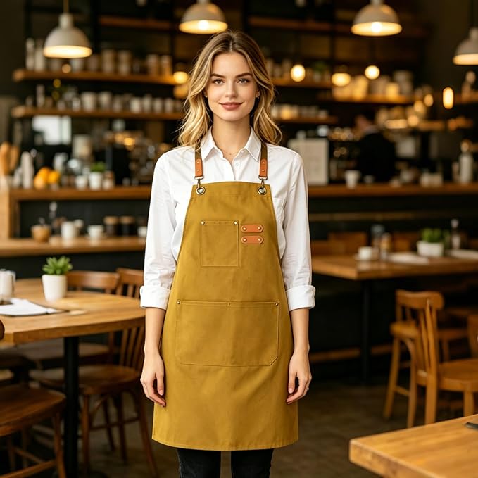 AFUN Chef Aprons for Women Men with Oversized Pockets, 12-Ounce Cotton Canvas Cross Back Water Repellent Apron (Brown)