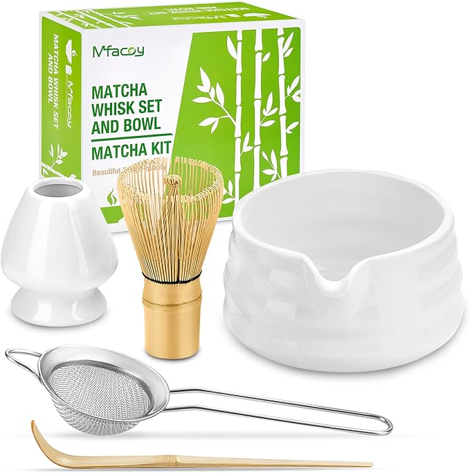 Matcha Whisk Set, Japanese Tea Set (5pcs) includes Matcha Bowl with Spout (19 oz), Bamboo Whisk and Matcha Scoop, Whisk Holder, Stainless Steel Sifter, Tea Making Tools, Matcha Kit