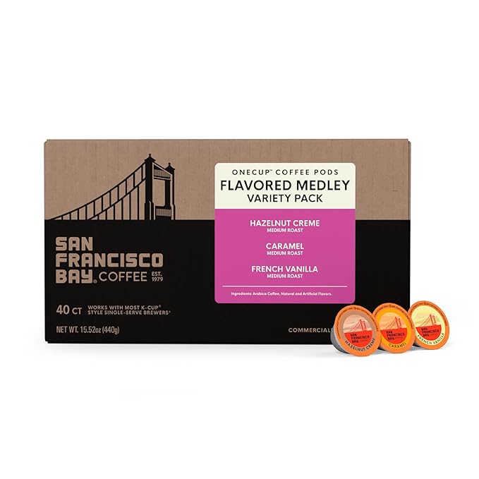 San Francisco Bay Coffee - Flavored Variety Pack (40 ct) - Hazelnut Crème, Caramel, & French Vanilla - Single Serve Coffee Pods, Commercially Compostable, K Cup Compatible