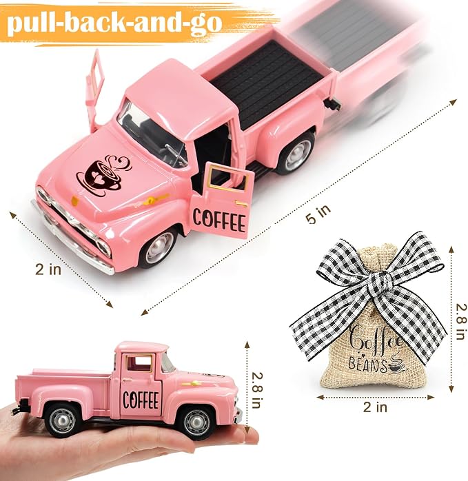 Pink Mini Metal Truck Decor: Farmhouse Coffee Bar Decor - Vintage Truck Decor for Countertop, Tiered Tray, Coffee Station - Image 4
