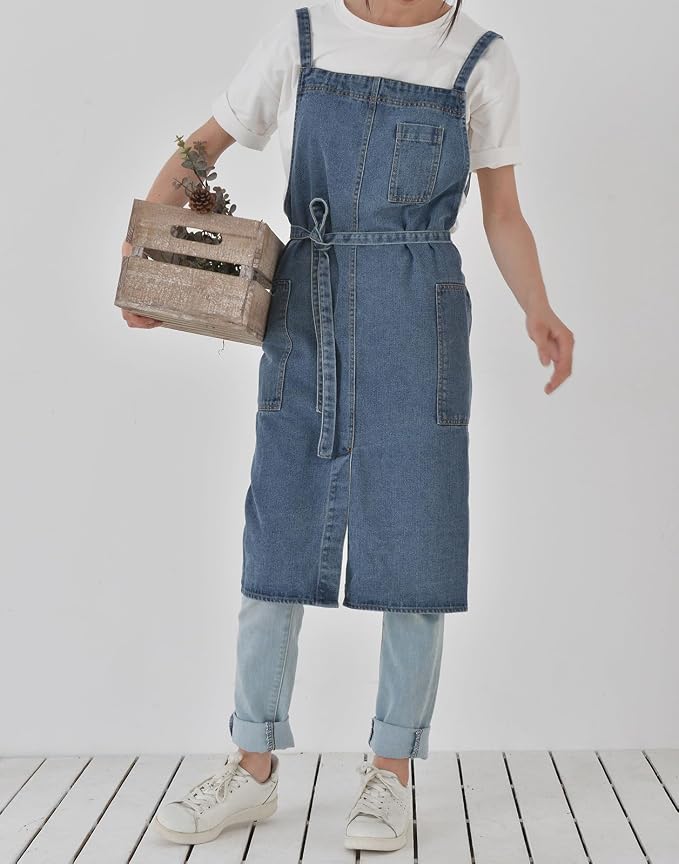 Cotton Denim Apron Soft - Unisex Adjustable Bib Apron with 5-Pockets Perfect for Kitchens - Image 2