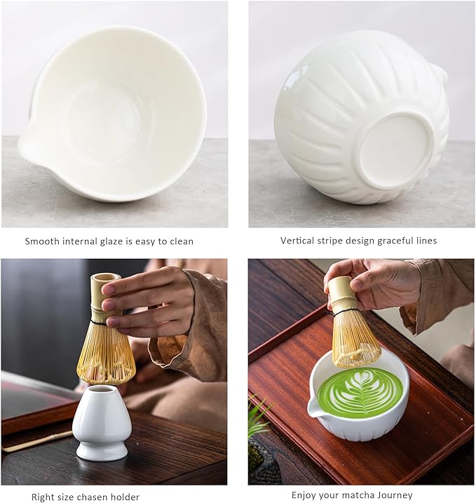 TANG PIN Matcha Set - Match Bowl and Whisk, 15 OZ, Matcha Scoop | Matcha Whisk Stand (Chasen Holder) - 5pc Perfect Matcha Kit for Matcha Tea Ceremony (White)