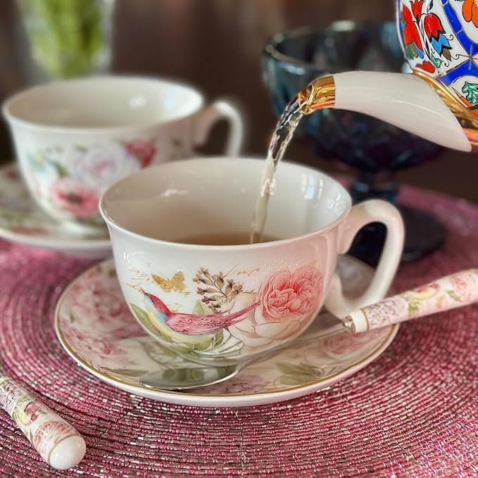 STP GOODS Bone China Tea/Coffee Cup and Saucer in Gift Box Fine Set of One (Birds in Rose Garden)