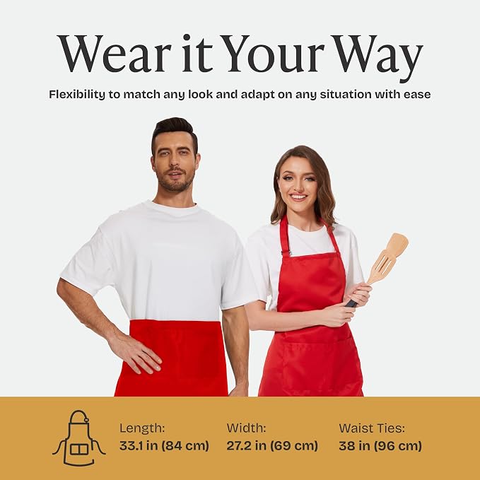 Will Well Kitchen 2 Pack Bib Apron For Men & Women with 2 Pockets - Red | Unisex 33'' x 27'' Oil & Water Resistant Soft Kitchen Chef Apron with Adjustable Neck Strap & 38'' Waist Ties for Snug Fit - Image 6