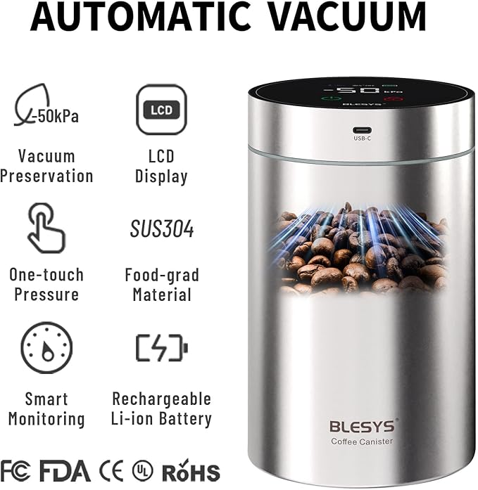 Smart Vacuum Coffee Canister, Automatic Stainless Steel Food Storage Container, LCD Monitoring, One-touch Freshness, Date Tracker, Extra-long Standby Time, Holds 20 oz Coffee Beans (Silver, 1.8L)
