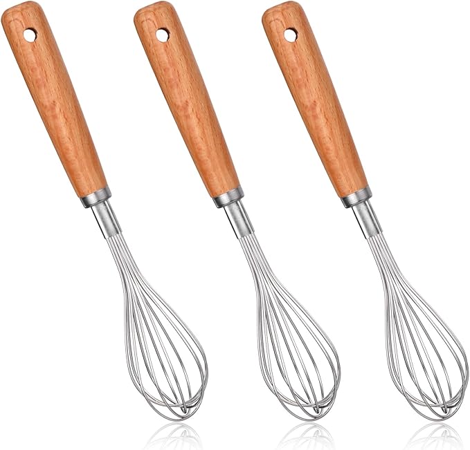 3 PCS Whisks for Cooking Stainless, Whisk Wooden Handle Stainless Steel, Non Stick Balloon Whisk Kitchen Hand Whisk for Stirring, Whisking, Beating, Egg, Blending, Batter (8.07"L X 1.57"W)
