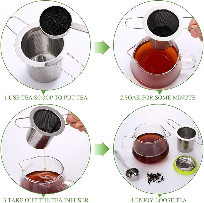 2 Pieces Tea Infusers Stainless Steel Strainer Folding Handle Filter Extra Filter Fine Mesh Strainer Brewing Basket with Lid for Loose Leaf Tea