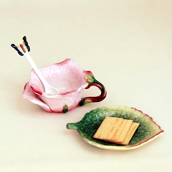 Ceramic Tea Cup and Saucer Set ，6OZ 3D Hand-Painted Flower and Lotus Leaf Coffee Mug，Gift for Women- Pink Rose