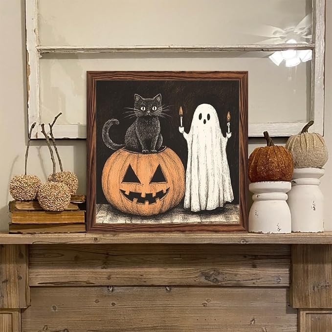 Halloween Decorative Sign Black Cat, Ghost, Pumpkin Wooden Sign, With Frame Farmhouse Festival Plaque Sign for Home Office, Cafe, Bathroom Halloween Decor 7.87x7.87 Inch - Image 6