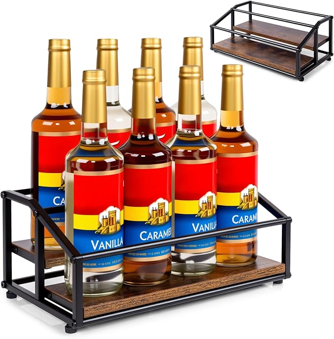 kimilus Coffee Syrup Organizer Rack, Liquor Bottle Display Shelf, 2 Tier 8 Syrup Bottles Holder Stand for Coffee Bar Kitchen Small Wine Rack for Family Storage for Syrup Wine Dressing