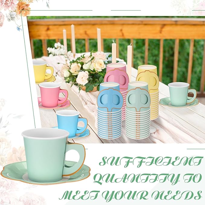 Umigy 60 Sets Pastel Tea Party Decorations Pastel Paper Tea Cups with Handle and Plates Disposable Teacups Saucers Sets with Tape for Hot Cold Drink Birthday (Blue Pink, 6.5 Oz)