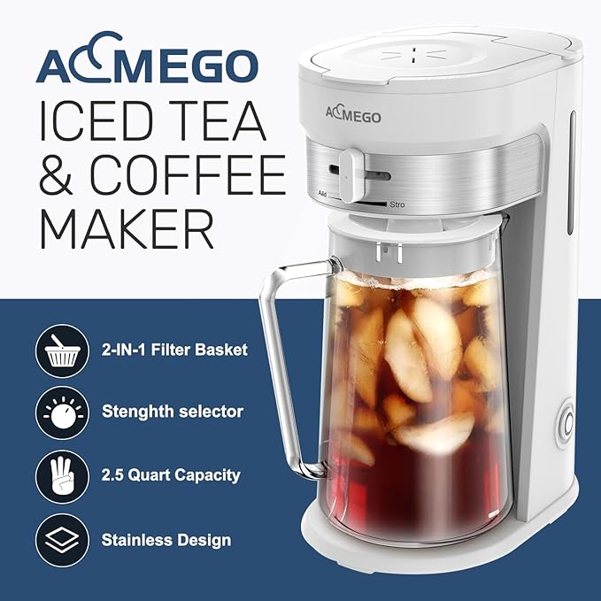Iced Tea Maker, Brewing System with 2.5-quart Glass Pitcher, sliding strength selector, Stainless Steel Decoration, Reusable Filter（white）