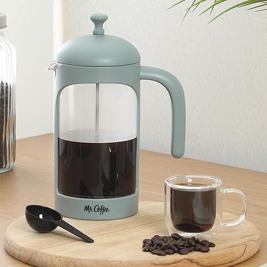 Mr. Coffee Retro Brew French Press Coffee Maker, 31-Ounce Glass Carafe with High Heat Resistant Durable Borasilicate Glass & Teal Frame and Plunger, Includes Coffee Scoop