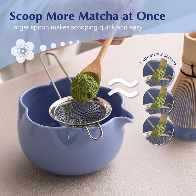 Matcha Set, 8Pcs Floral Ceramic Matcha Kit with Matcha Whisk, Holder, Scoop, Scoop Rest, Sifter, Spoon and Tea Towel - Thoughtful Matcha Whisk Set Gift for Matcha Lovers (Blue)
