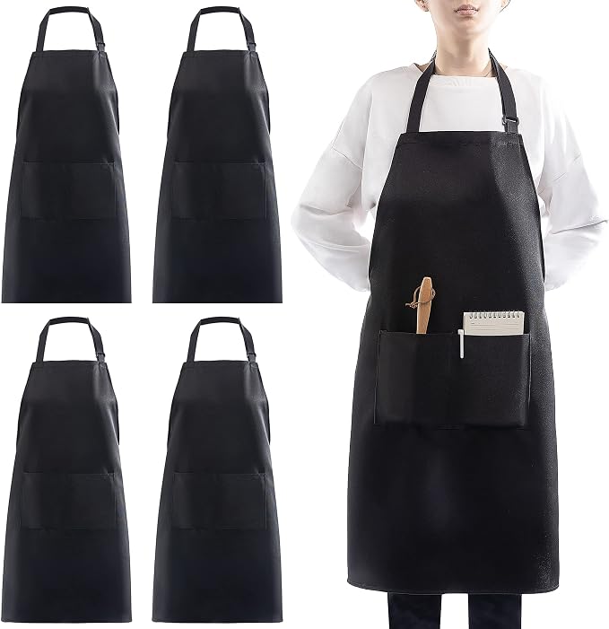 4 Pack Adjustable Apron, Black Apron with 2 Pockets, Machine Washable Apron Perfact for Cooking, Grilling, Dishwashing, Restaurant Work, Best Assistant for Chef Waiter Artist by loteaf