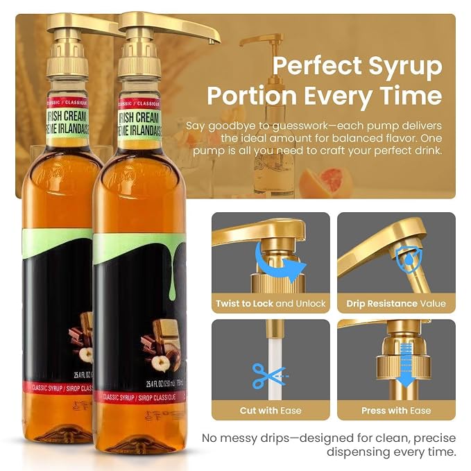 2-Pack Gold Plastic Bottle Syrup Pumps – Fits 750ml / 25.4 oz Bottles – Compatible with Torani & More – IMPORTANT: Will Not Fit Glass Bottles – Coffee Syrup Dispenser - Image 6